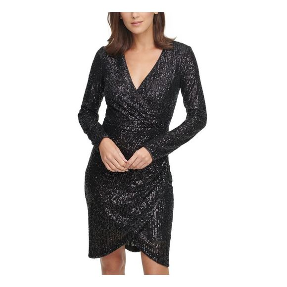 ELIZA J Womens Black Long Sleeve V Neck Short Party Sheath Dress Juniors 8